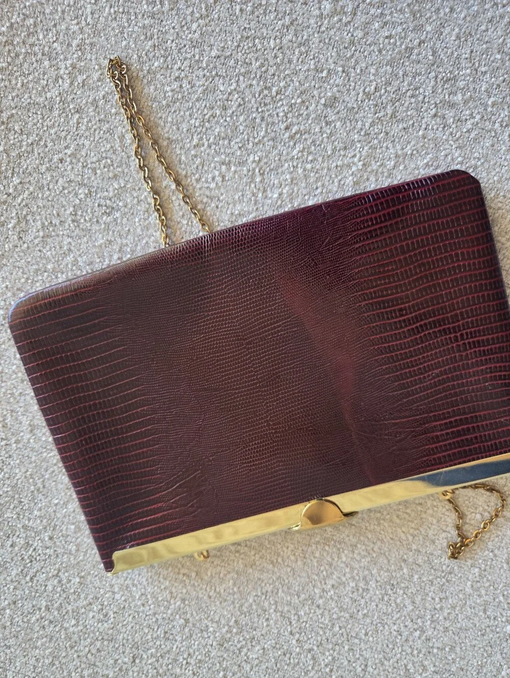 Vintage 1960s Burgundy Faux Lizard Clutch Gold Frame Chain Strap Evening Bag